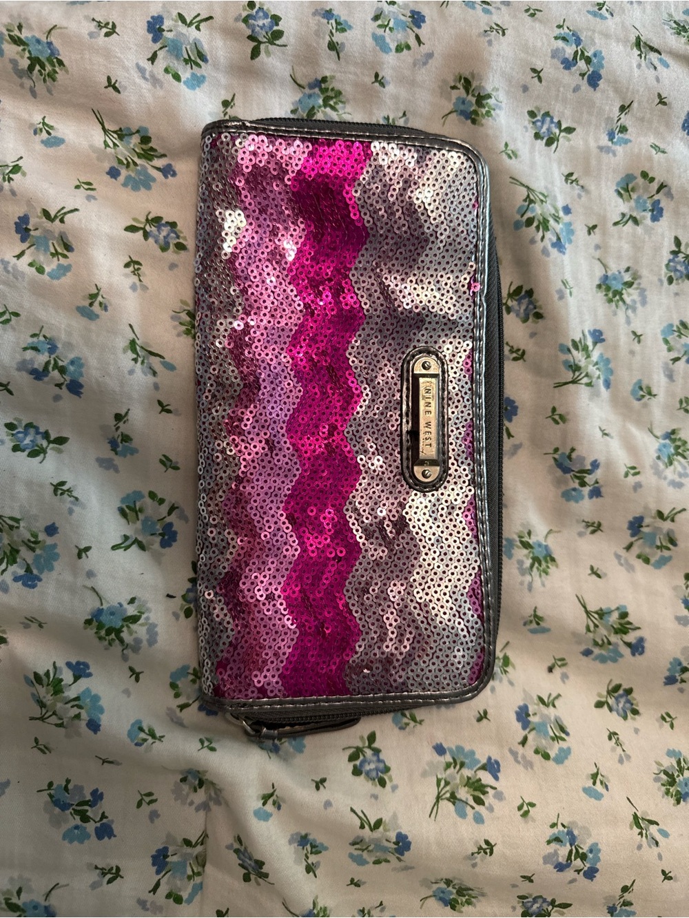 Nine West Pink and Silver Sequin Chevron Zip Wallet